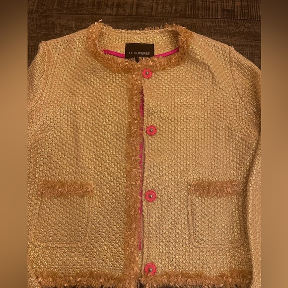 Le Superbe gold tweed blazer snap closures hot pink fringe detail NWOT Size Med - Picture 2 of 13